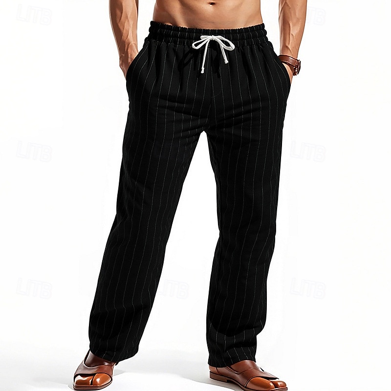 Men's Linen Pants Trousers Summer Pants Beach Pants Pocket Elastic Waist Drawstring Striped Comfort Breathable Vacation Daily Holiday Hawaiian Boho Black White 2025 - $21.99 –P11