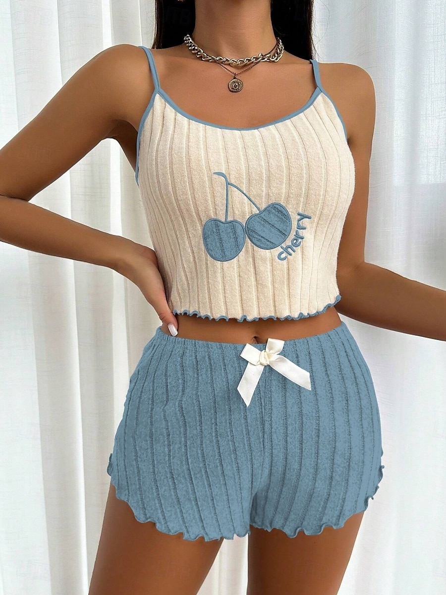 Dame Pyjamas Sett Fritid Komfort Kirsebær Elastisk midje Stropp Topp Shorts Hjem Daglig Ermeløs stropper Gul Rosa Blå Lilla Sommer Normal 2025 - $13.99 –P3