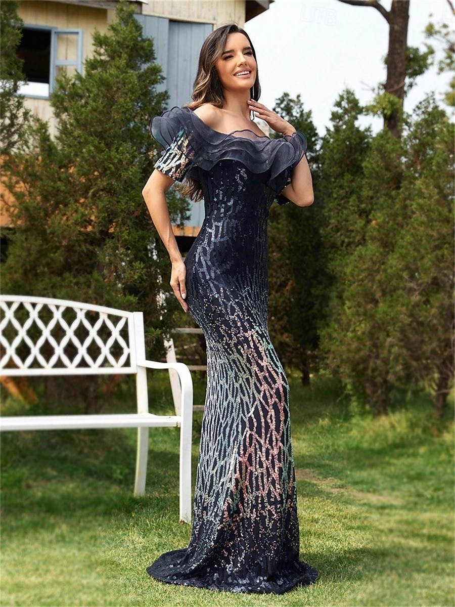 Trompetă / Sirenă Rochii de Quinceanera Elegant Rochie Oficial Nuntă Lungime Podea Manșon scurt De Pe Umăr Polyester Fără Spate cu Paiete Volane 2025 2025 - $109.99 –P4