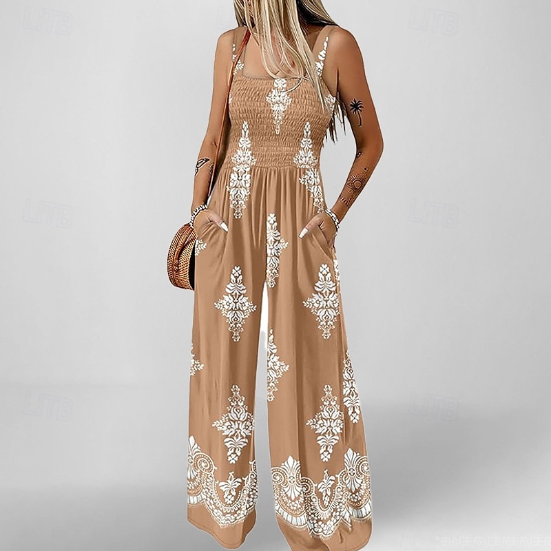 Dam Jumpsuits Aktiv Blommig Ärmlös Brett skaft kall axel Semester Hem Lös passning Svart diamant Blå Khaki grön Sommar 2025 - $28.99 –P2