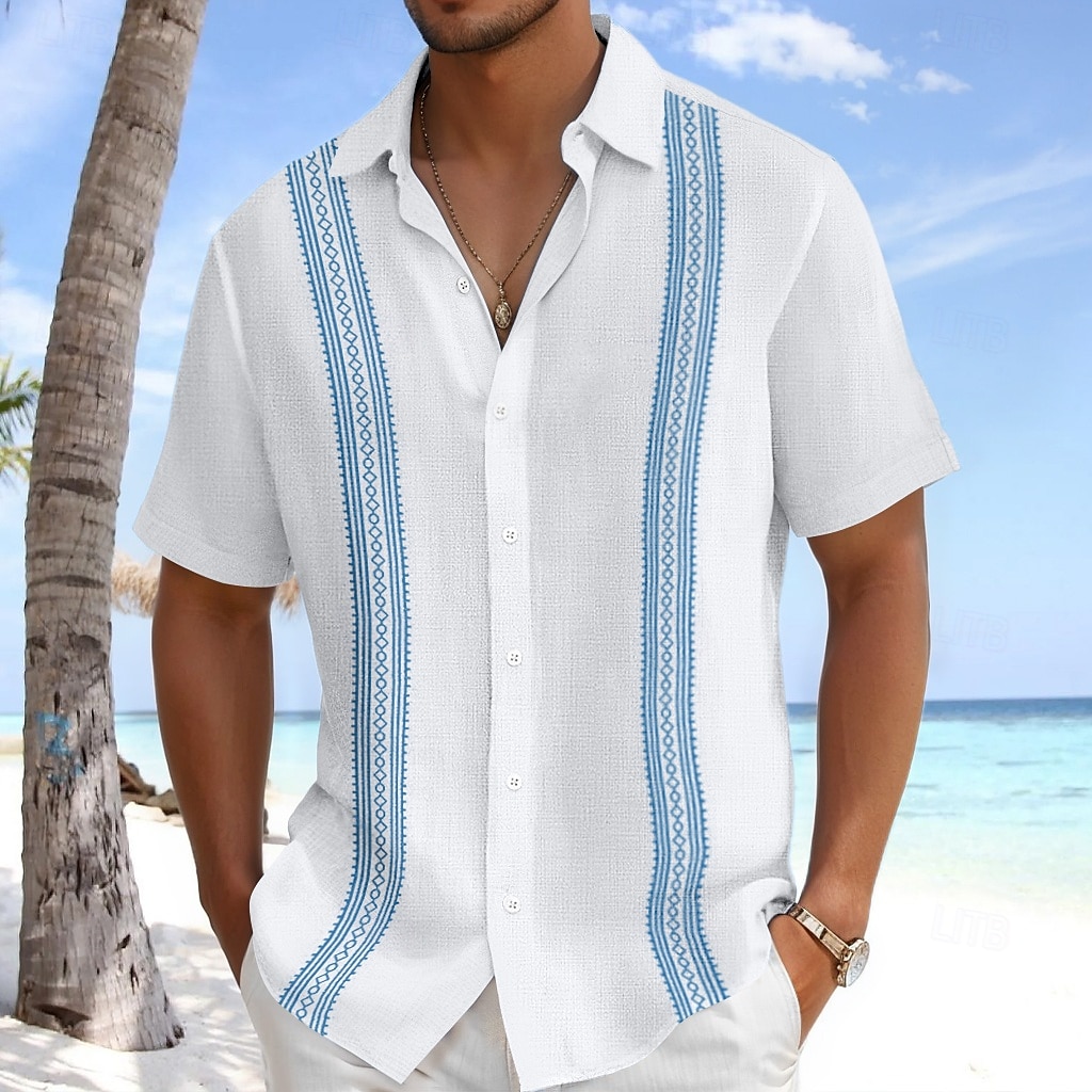 Per uomo Camicia di lino Camicia Guayabera Abbigliamento da spiaggia Camicia con Bottoni Testurizzato Vacanza Casuale Bianco Blu Verde Grigio Manica Corta Collo ripiegato Estate Primavera del 2025 a $24.99 –P4