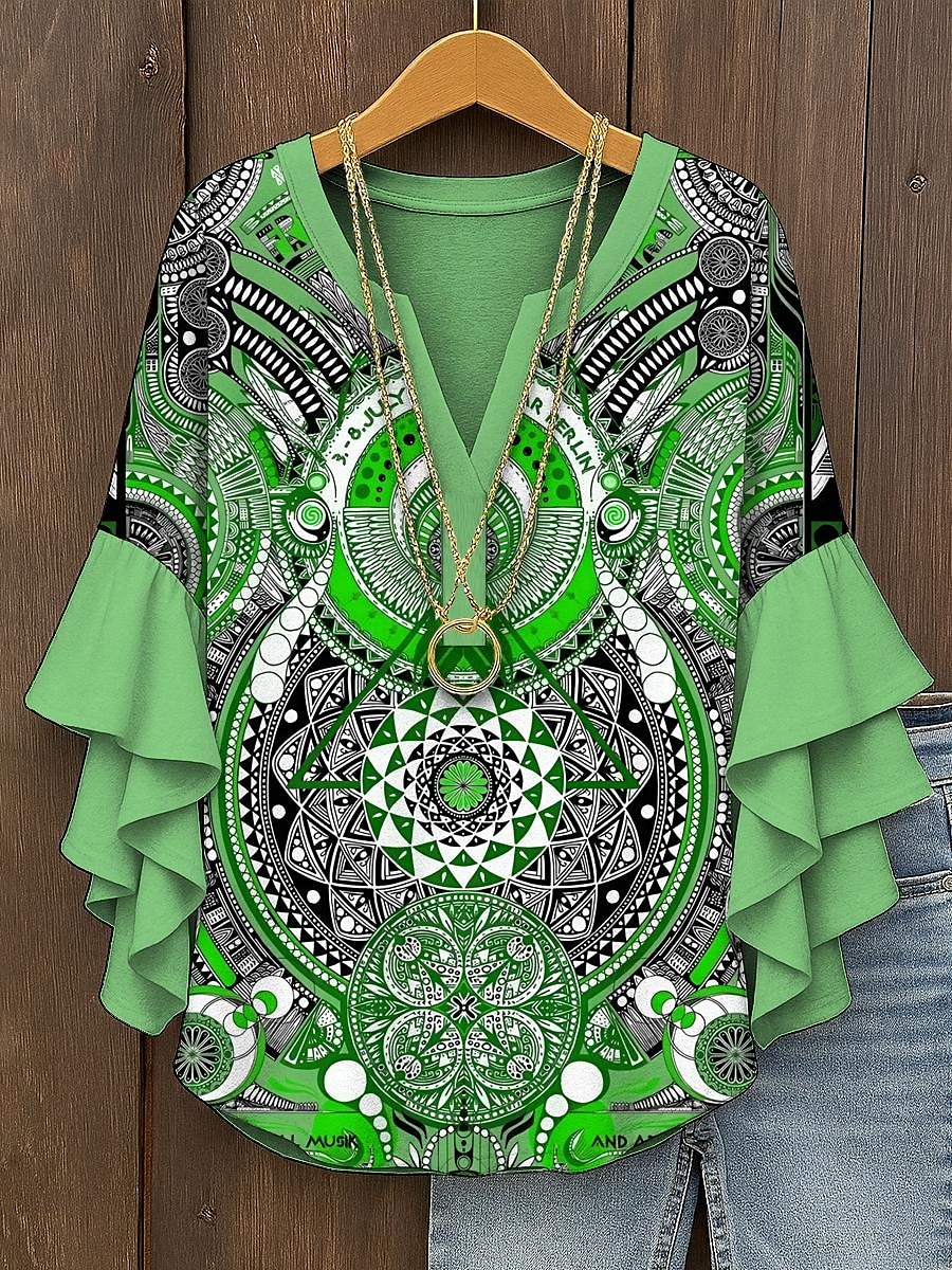 Dámské Halenka Grafika Geometrický Elegantní Čechy Geleneksel 3/4 délka rukávu Do V Běžné topy Denní Dovolená Oblečení na dovolenou Volány Tisk Žlutá Světlá růžová Vodní modrá Fialová Trávová zelená 2025 - $29.99 –P7