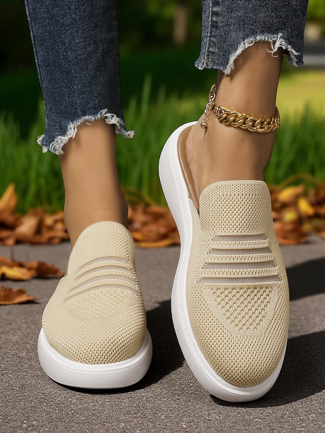 Women's Beige Flyknit Slip-On Mules– Lightweight Breathable Walking Shoes for Park Strolls, Travel & Autumn Errands 2025 - $24.99 –P4