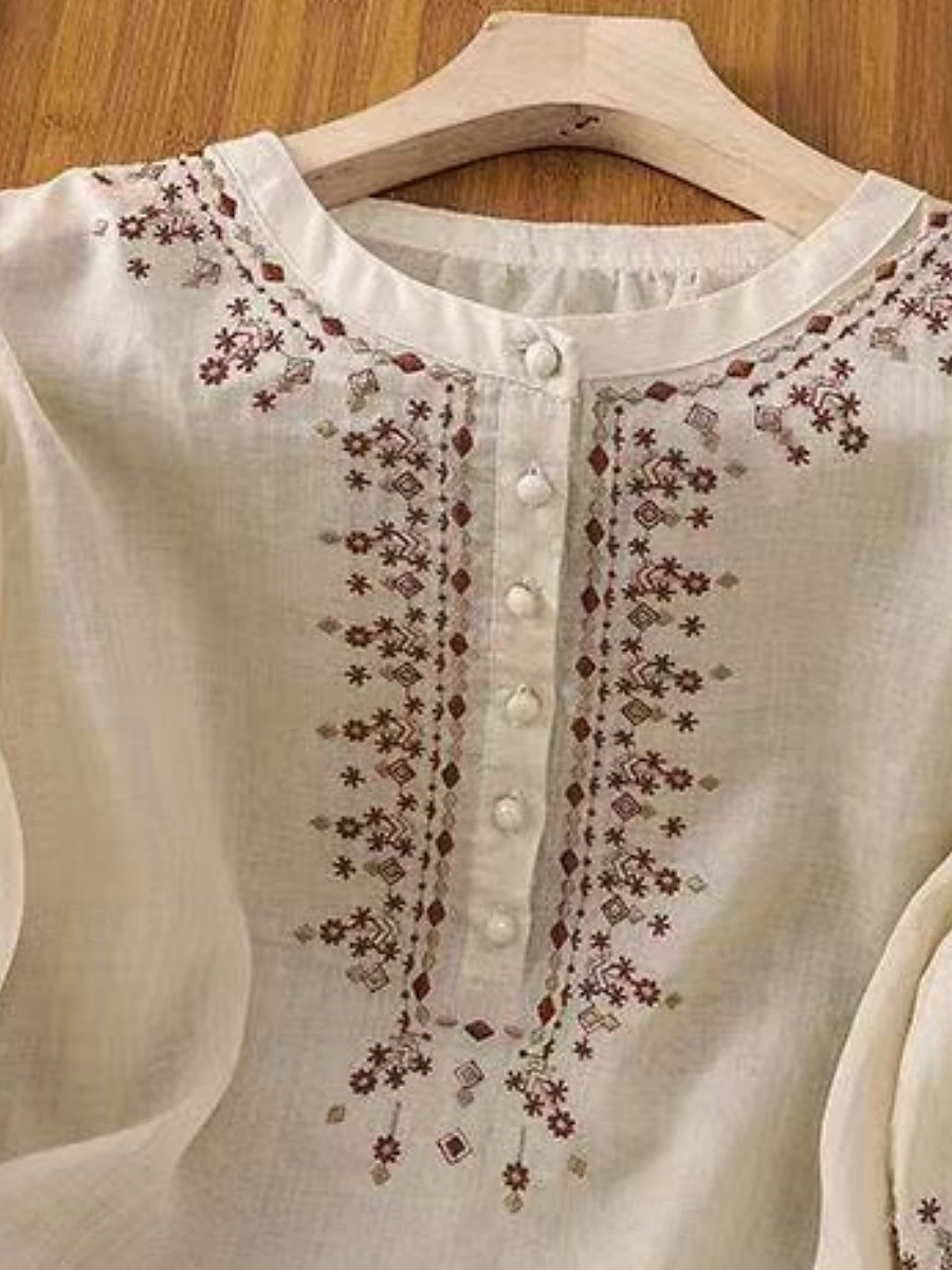 Dame Skjorter i bomullslin Helfarge Grunnleggende Fritid 3/4 ermer Crew-hals Vanlige topper Daglig Broderi Knapper Rosa Blå Aprikos Sommer 2025 - $17.99 –P3