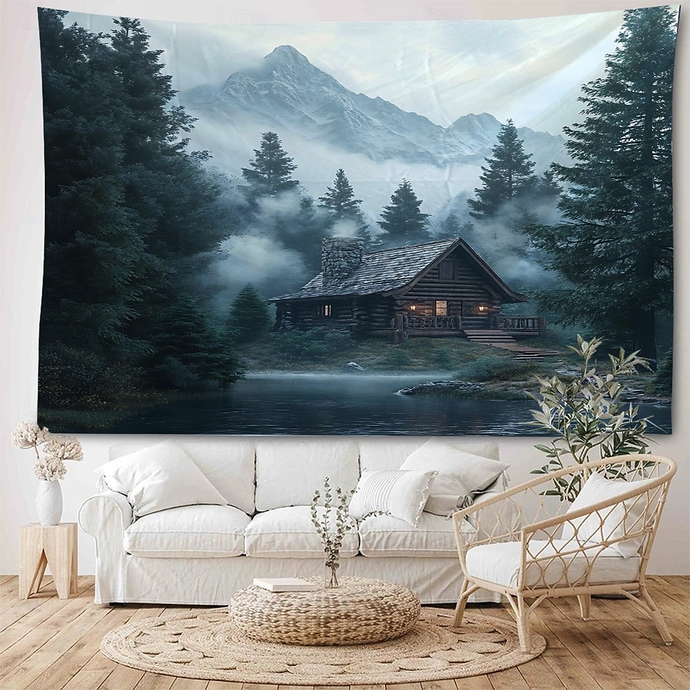 tåkete fjell mystisk hytte foss landskap hengende billedvev veggmaleri stor  billedvev veggmaleri dekorasjon bilder bakgrunn teppe gardiner hjem soverom  stue dekorasjon 2025 - GBP £9.99, image size:1000x1000