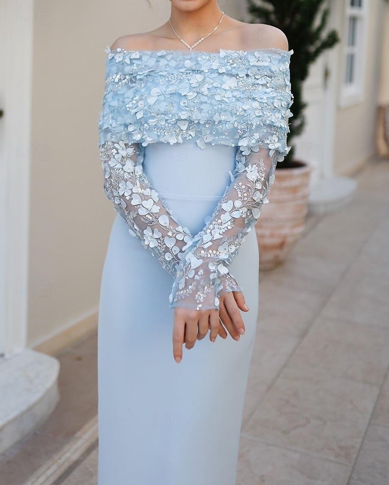 Vestidos Cóctel Azul Corte  Columna Capa Desmontable Crepé Elástico Vestido Elegante Formal Boda Largo de Té Sin Mangas Fuera de los Hombros con Encaje de Perlas Florales 2025 - $145.99 –P3