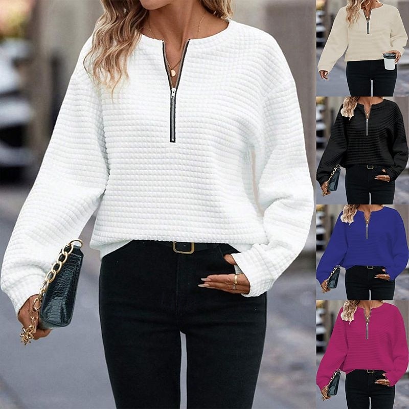 Femmes Chemisier Couleur Unie Élégant Occasionnel manche longue Col ras du cou Hauts Réguliers Quotidien Fermeture éclair Noir Blanche Bleu Fuchsia Abricot Printemps Automne de 2025 ? $25.99 –P1