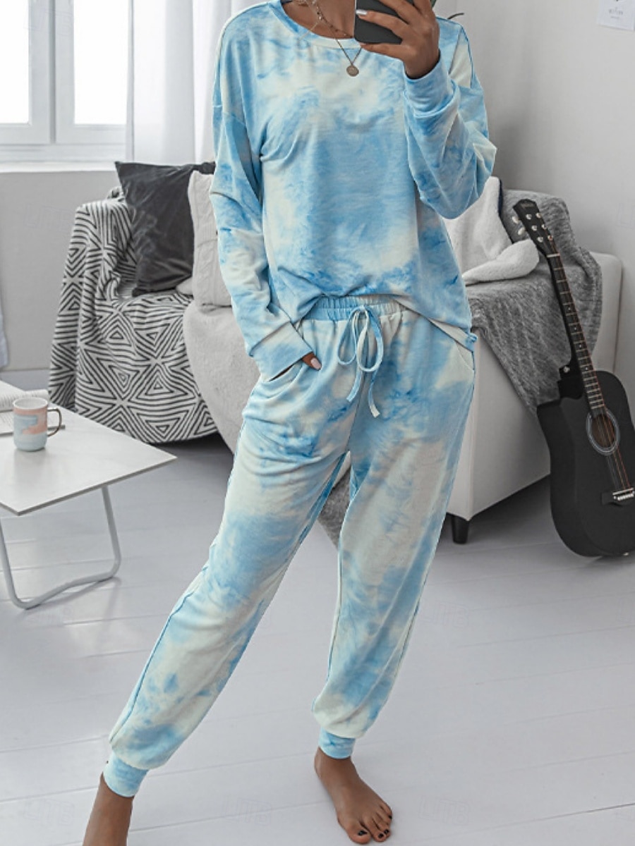 Damskie Zestawy piżamowe Codzienny Wygoda Wzór tie-dye Elastyczny pas Podkoszulek Nogawka Dom Codzienny Długi rękaw Półgolf Rumiany róż Niebieski Zielony Tęczowy Szary Lato Wiosna Jesień Regularny 2025 - $23.99 –P7