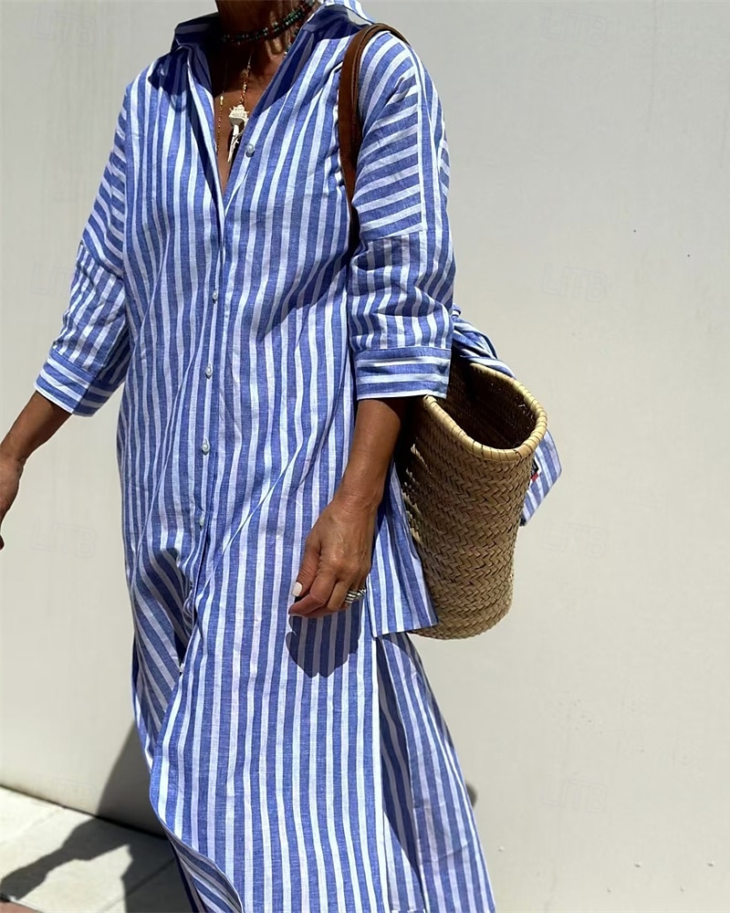 Femmes Robe Midi Robes inspirées du lin Robe Chemise Robe Décontractée Mode Moderne Quotidien Plage Week-end Coupe régulière Rayé manche longue Col de chemise Rose Claire Marron clair Bleu Ét de 2025 ? $36.99 –P5