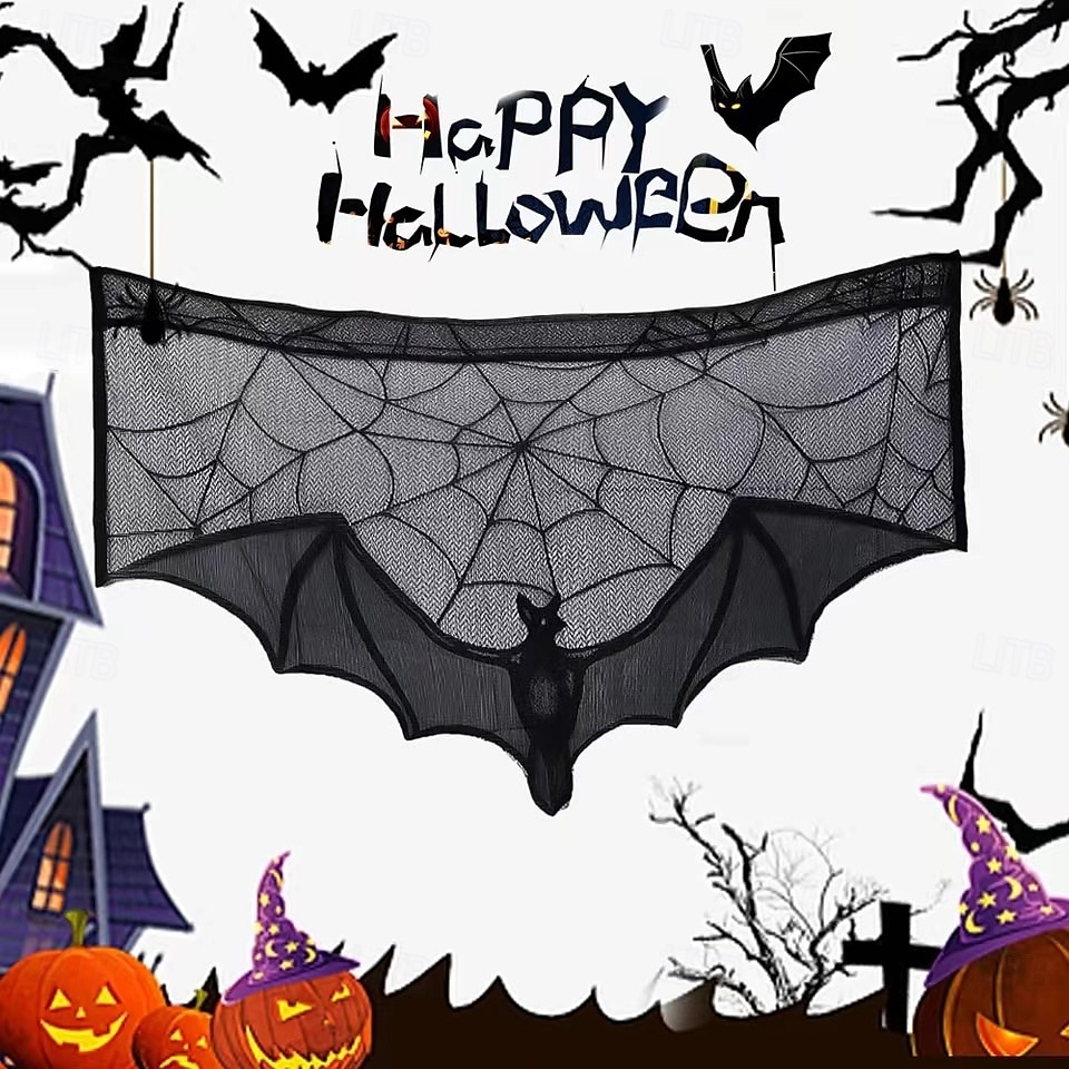 Cenefa de encaje de Halloween para cortina corta, adorno para ventana de cocina, color negro, decoración espeluznante, tela semitransparente para cortina, bolsillo para varilla de poliéster 2025 - $4.99 –P5