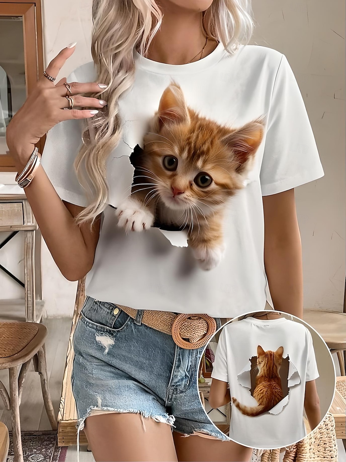 Femmes T-shirt Graphique Animal Chat ancien Élégant Classique Manche Courte Col ras du cou Col rond Hauts Réguliers Quotidien Week-end Imprimé Noir Blanche Bleu Dorée Vert Été Printemps de 2025 ? $19.99 –P4