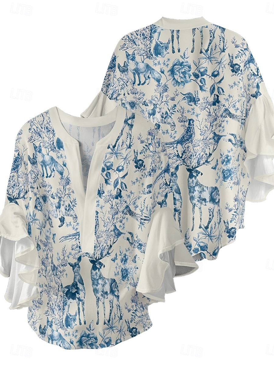Femmes Chemisier Fleuri Élégant Moderne Manche 3/4 Col en V Hauts Réguliers Quotidien Fête A Volants Imprimé Rose Claire Bleu Vert Abricot Été de 2025 ? $22.99 –P7