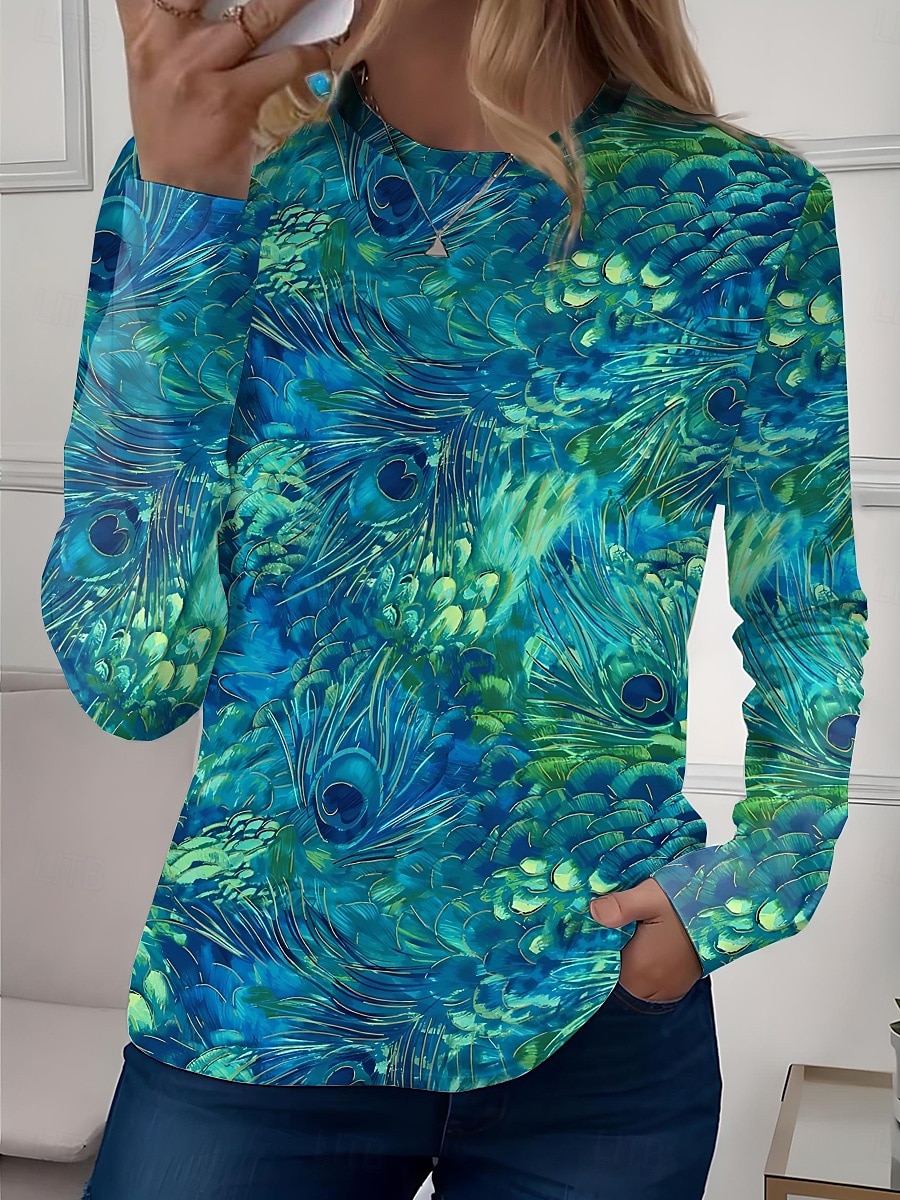 Mujer Camiseta Floral Casual Manga Larga Cuello Barco Tops regulares Diario Estampado Verde salvia Rosa Azul Piscina Azul cielo Morado Primavera Otoño 2025 - $23.99 –P7