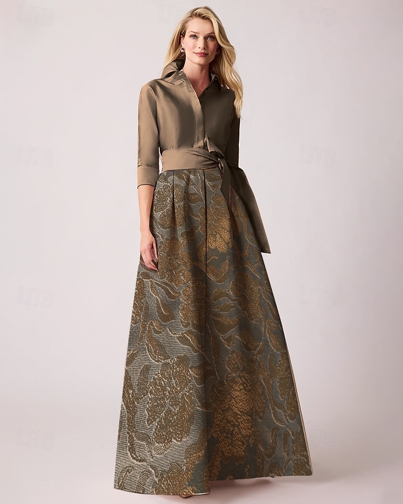 Jacquard Brocade Floral A-Line Cocktail Dresses Elegant Dress Formal Wedding Floor Length Long Sleeve Shirt Collar Detachable Nylon 2025 - $149.99 –P1