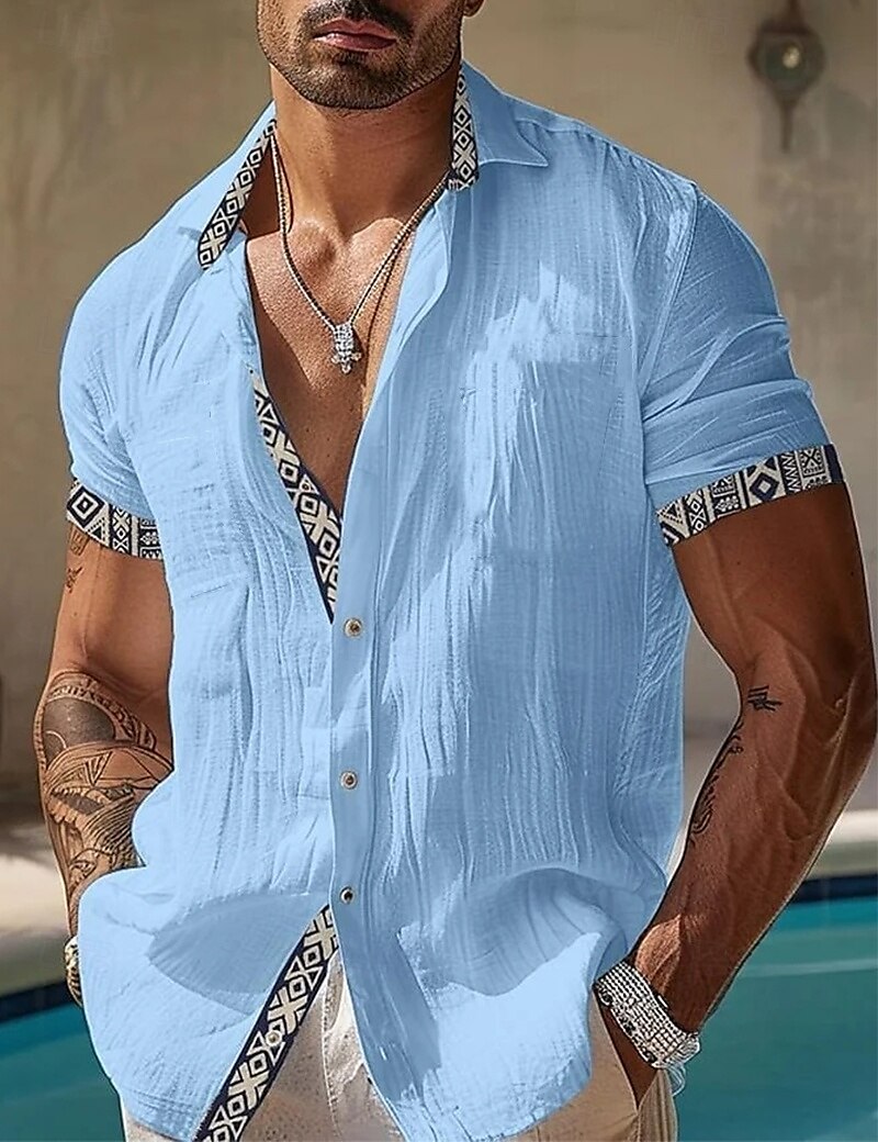 Herren Leinenhemd Sommerhemd Strandbekleidung Knopfhemd Geometrisch Urlaub Lässig Schwarz Weiß Blau Kurzarm Umlegekragen Sommer Frühling Bekleidung Patchwork 2025 - $24.99 –P2