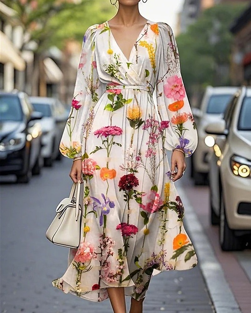 Women's Midi Dress Casual Dress Print Dress Elegant Fashion Outdoor Party Holiday Regular Fit Flower Long Sleeve V Neck Pink Blue Purple Summer Spring 2025 - $27.99 –P3