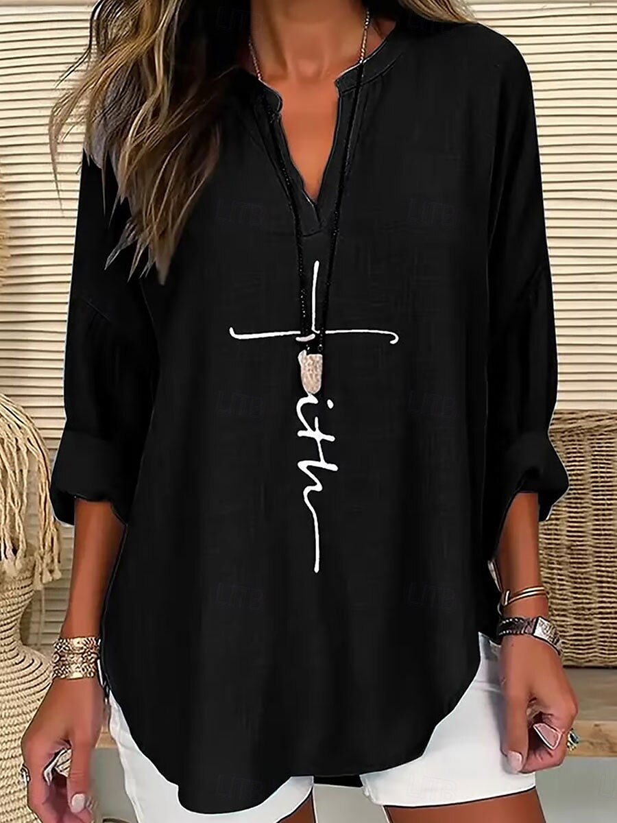 Femmes Chemisier Graphique Lettre Élégant ancien Tropical manche longue Col en V Hauts Réguliers Quotidien Fête Imprimé Noir Bleu Violet Vert Beige Été Printemps Automne de 2025 ? $24.99 –P4