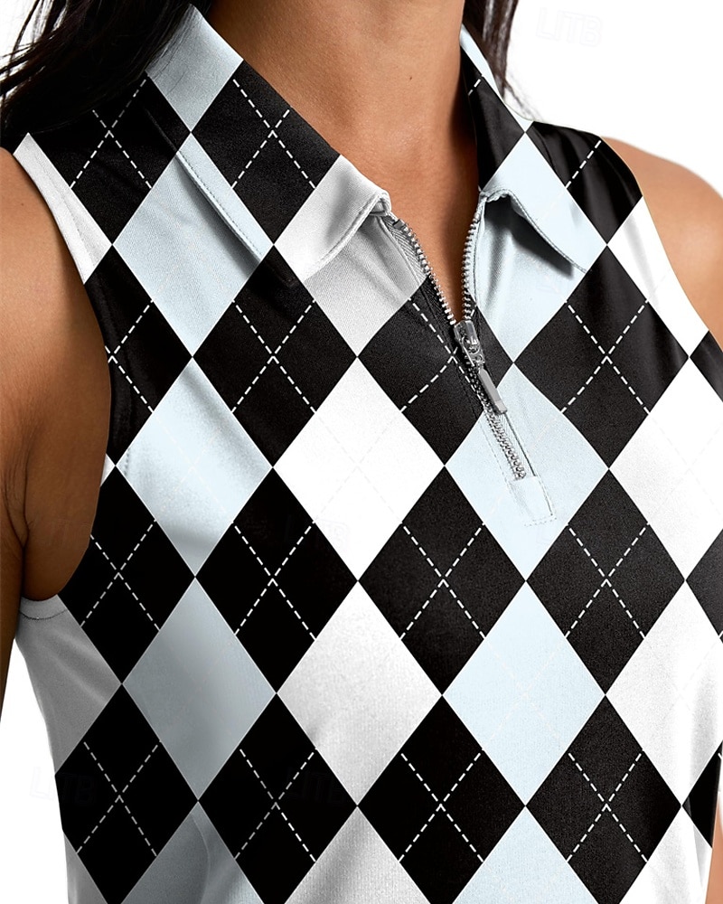 Women's Plaid / Check Sport Shirt Golf Polo Shirt Tennis Shirt Sleeveless Zipper High Elasticity Moisture Wicking Breathable Tennis Golf Pickleball Turndown Zip Collar Shirt Top Black Tennis Clothing 2025 - $16.79 –P6