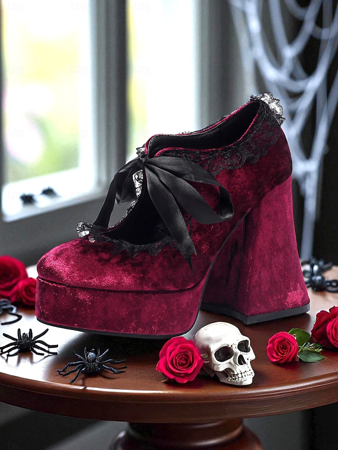 Scarpe con plateau in velluto in stile vittoriano gotico del XIX secolo da donna - décolleté mary jane bordeaux con rifiniture in pizzo e nastro per Halloween, cosplay e moda lolita del 2025 a $64.99 –P4