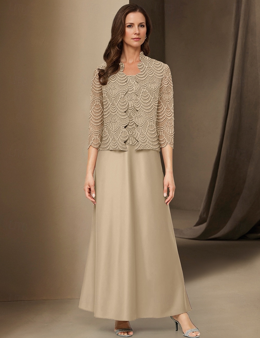 A-Linie 3-teiliges Kleid für die Brautmutter, elegant, schlicht, lässig, U-Boot-Ausschnitt, knöchellang, Satin, lange Ärmel mit Spitze 2025 2025 - $139.99 –P1