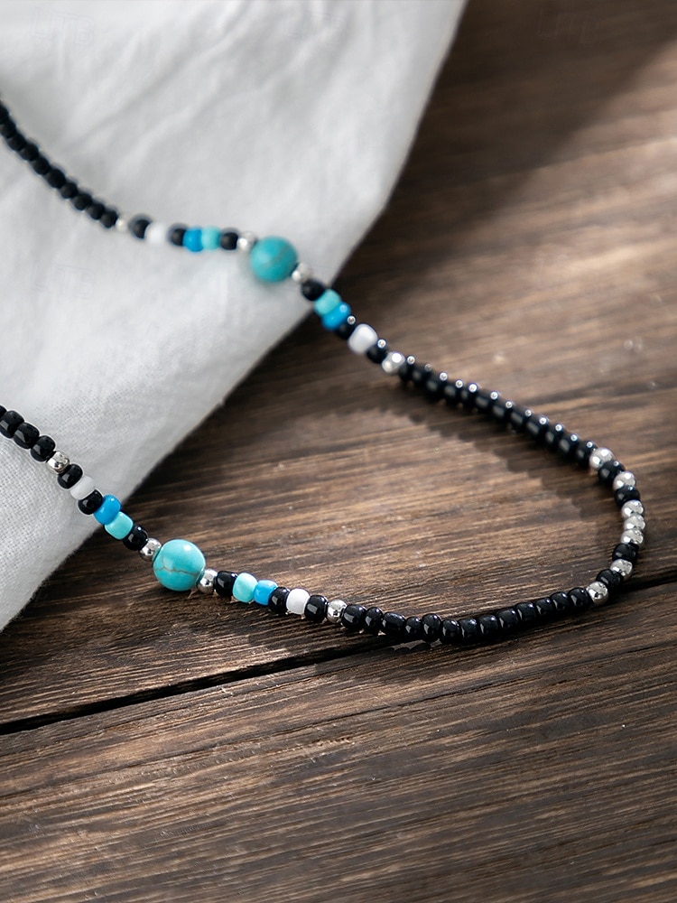 Collier de perles noires et turquoise pour homme – Bijoux de style surfeur bohème faits à la main pour les tenues de plage d'été, les festivals et les vêtements décontractés de 2025 ? $9.99 –P5