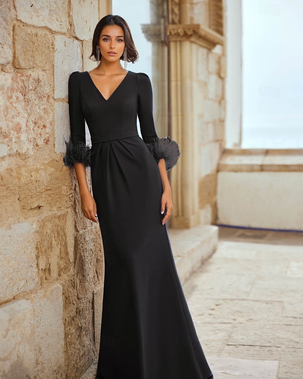 Abito da sera blu a trapezio, elegante, formale, da ospite di nozze, lungo fino al pavimento, manica lunga, scollo a V, staccabile, in crêpe elasticizzata con piume, 2025 del 2025 a $147.99 –P4