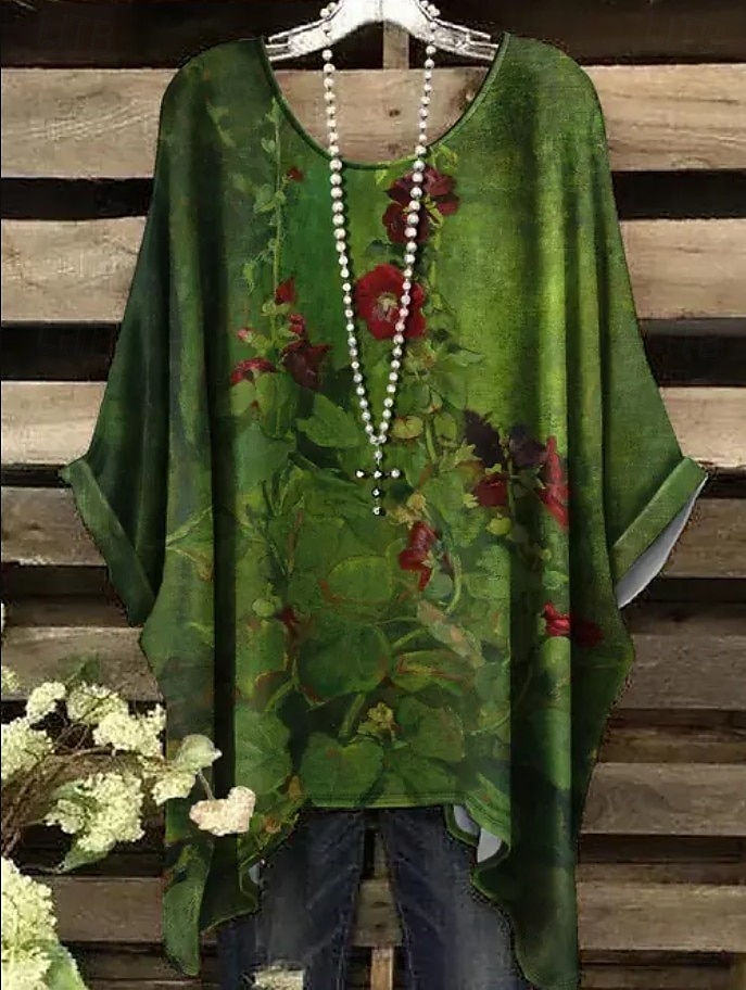 Women's Boho Shirt Floral Graphic Elegant Bohemia Active Short Sleeve Batwing Sleeve Crew Neck Regular Tops Daily Holiday Beach Wear Black White Red Blue Purple Summer Spring 2025 - $22.99 –P3