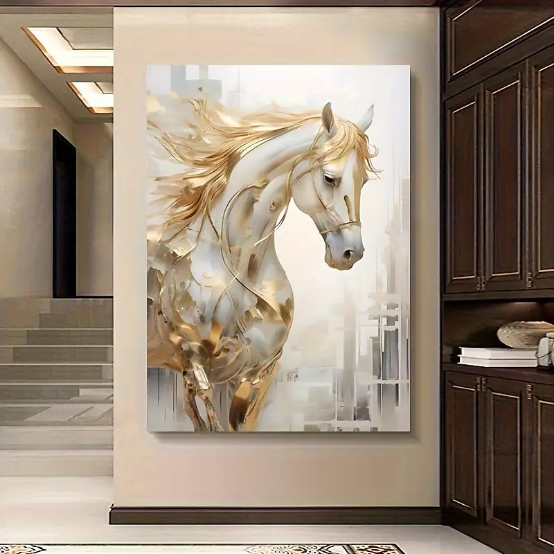 1 ungerahmtes Wandbild auf Leinwand mit goldenem Pferd – modernes, dekoratives Vintage-Gemälde mit Stadthintergrund in Weiß und Gold für Wohnzimmer oder Schlafzimmer im Western-Stil 2025 - $9.49 –P3