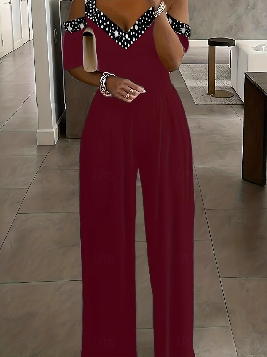 Women's Normal Jumpsuit Elegant Geometric Short Sleeve Wide Leg V Neck Patchwork High Waist Party Work Regular Fit Black Wine Blue Summer 2026 - $28.99 –P5