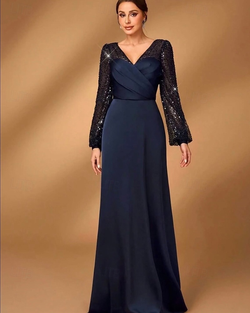 A-Line Mother of the Bride Dress Elegant Simple Minimalist V Neck Floor Length Satin Sequined Long Sleeve with Pleats 2025 - $145.99 –P1