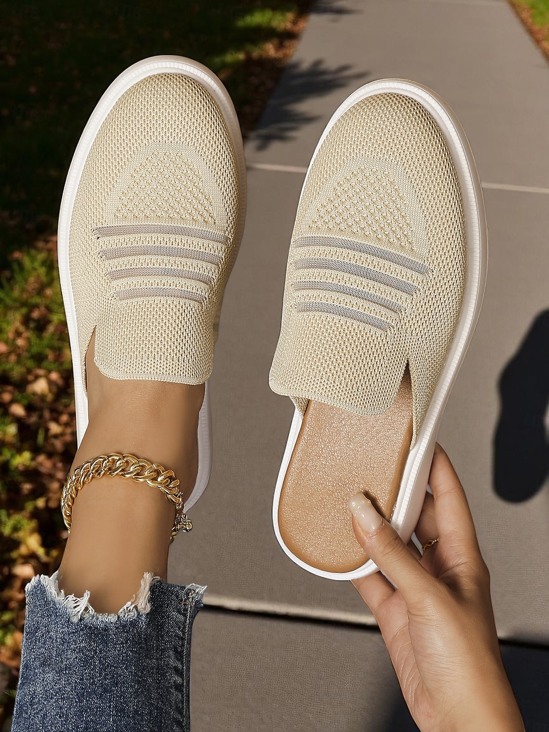 Women's Beige Flyknit Slip-On Mules– Lightweight Breathable Walking Shoes for Park Strolls, Travel & Autumn Errands 2025 - $24.99 –P2