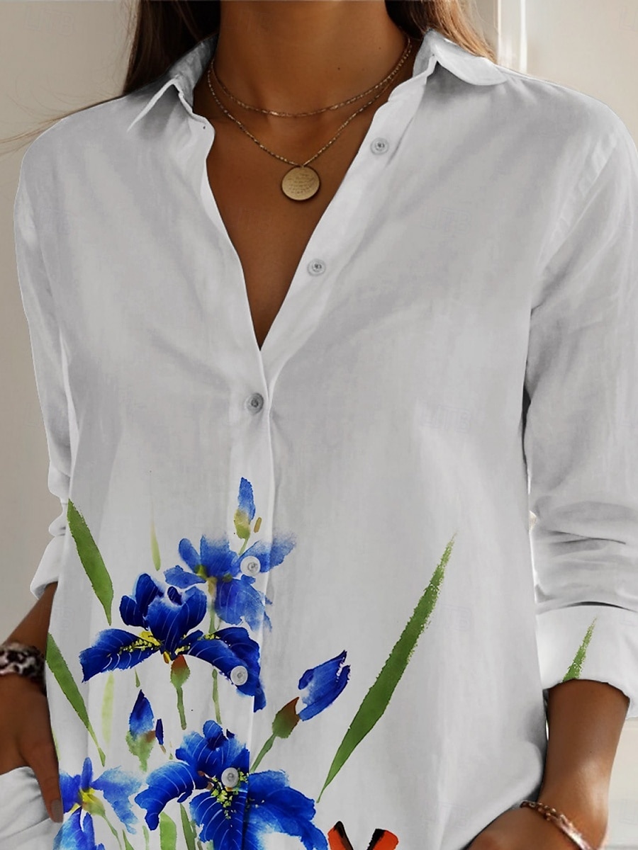 Per donna Camicia Floreale Attivo Quotidiano Elegante Manica Lunga Colletto a Camicia Top Regolari Quotidiano Ferie Bottoni Stampato Bianco Primavera Autunno del 2025 a $25.99 –P2