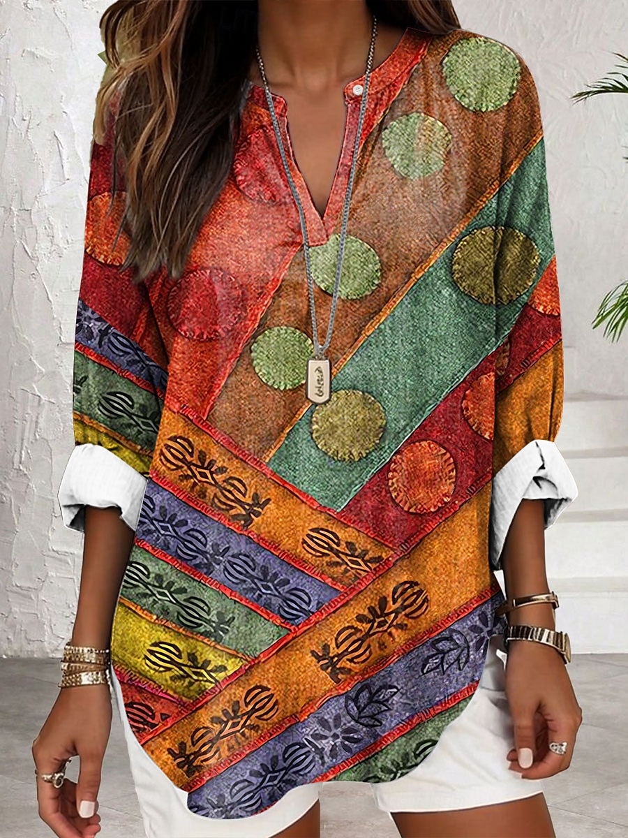 Dame Bluse Blomstret Grafisk Geometrisk Elegant Stilfull Langermet V-hals Vanlige topper Daglig Ferie Trykt mønster Rød Blå Lilla Grønn Sommer Vår 2025 - $24.99 –P3