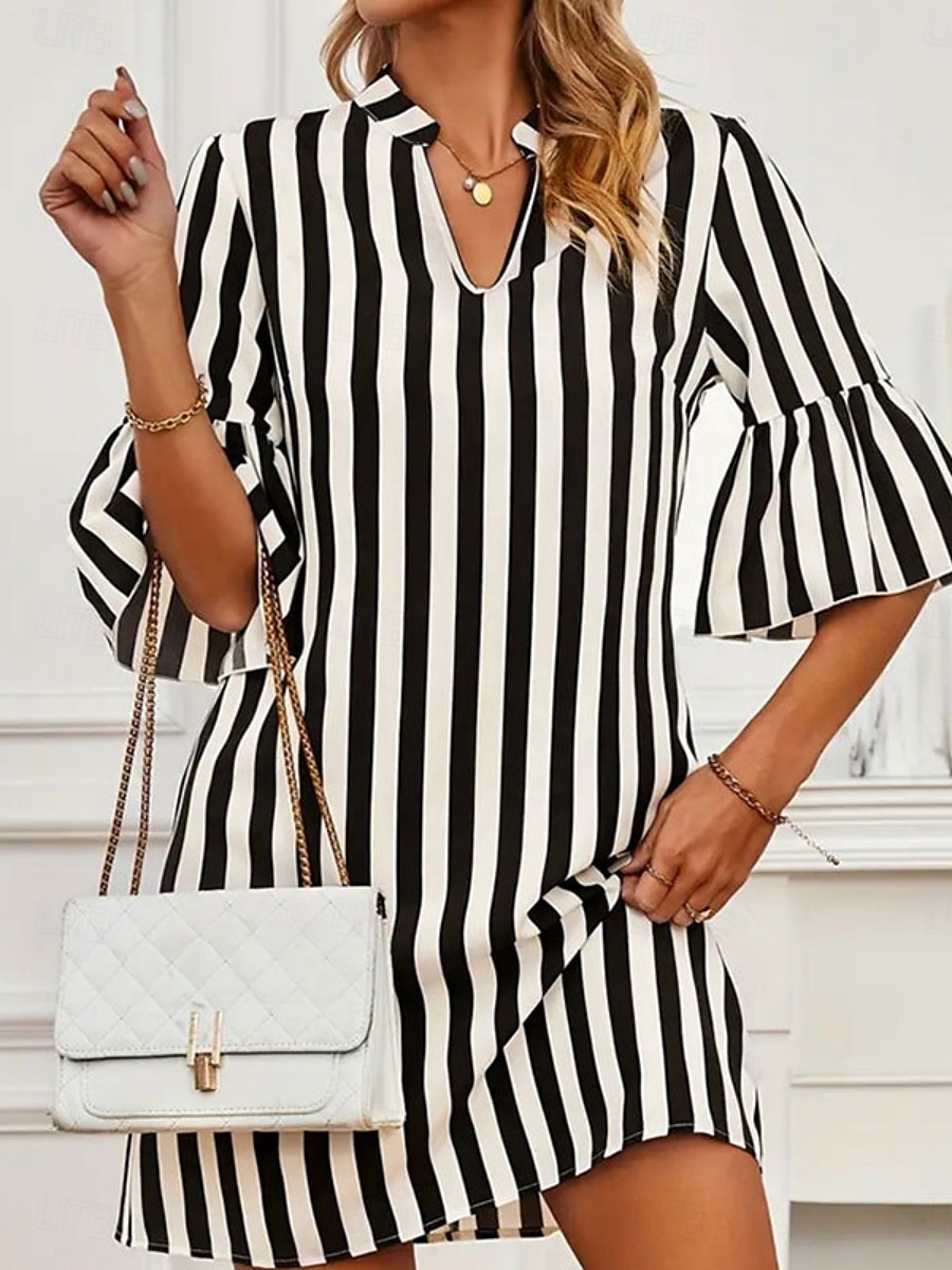 Pentru femei Rochie Mini Rochie A line Rochie de vară Casual Zilnic Fit regulat Dungi Lungime Manșon 3/4 Gât crestat Negru Vară 2025 - $18.99 –P2