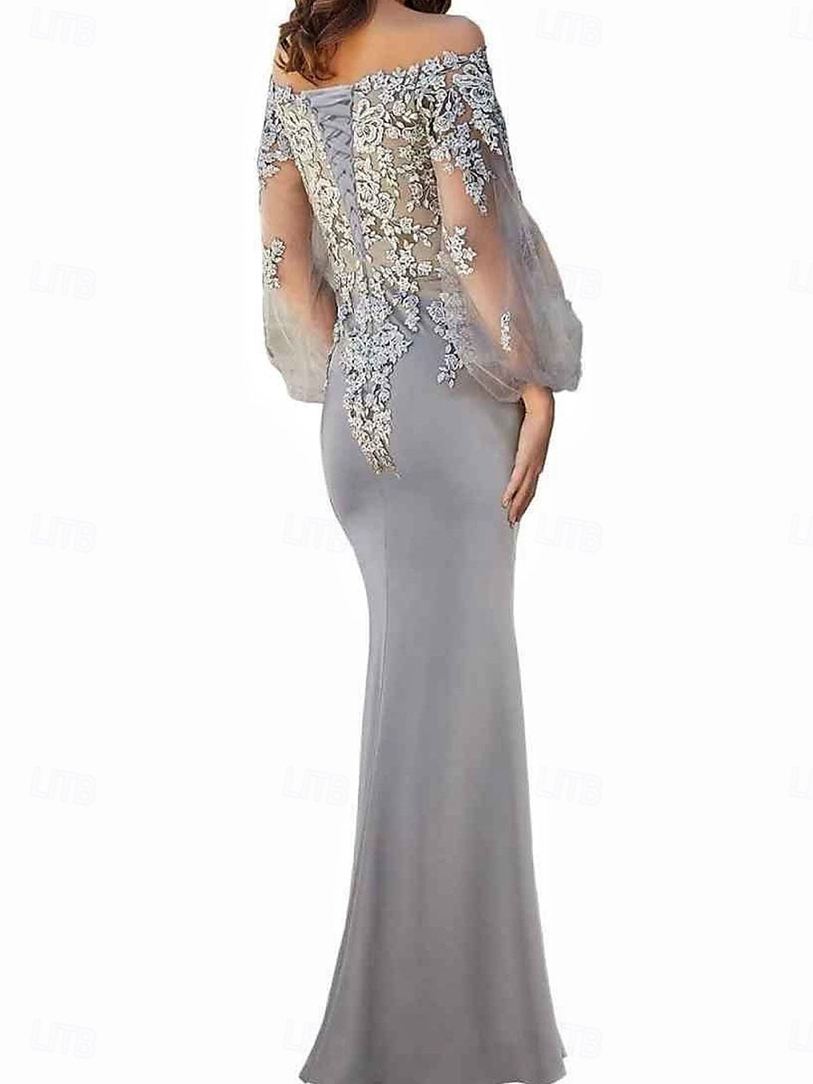 Meerjungfrau Trompeten Brautmutter Kleid Elegantes Off-Shoulder Bodenlang Spitze Lange Ärmel mit einfarbigem Material 2025 - $119.99 –P4