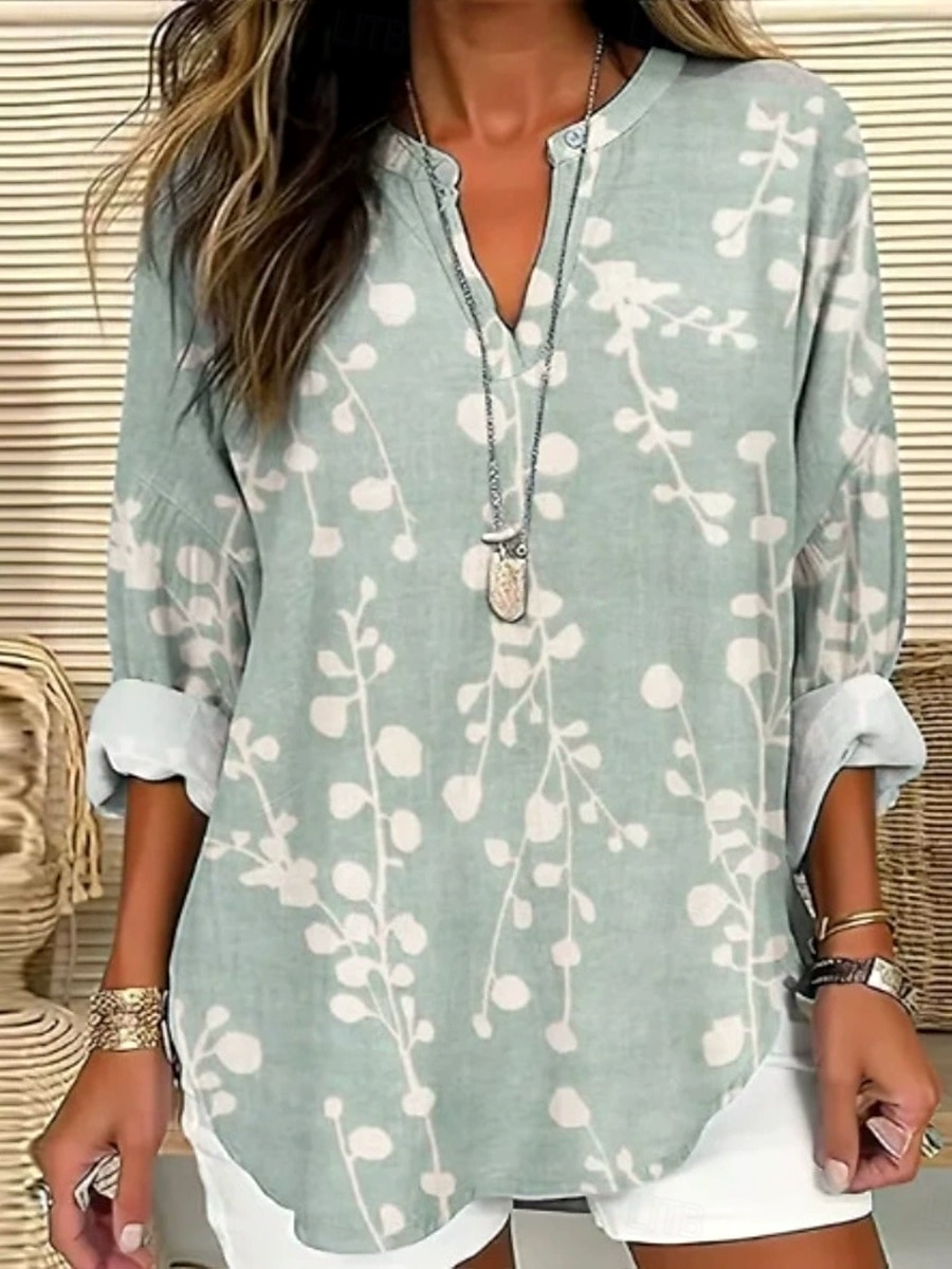 Dame Bluse Blomstret Grafisk Blader Bohem Årgang Tropisk Langermet V-hals Vanlige topper Daglig Ferie Strand Klær Trykt mønster Salvie Grøn Navyblå Dusty Blue Sommer Vår 2025 - $19.99 –P3