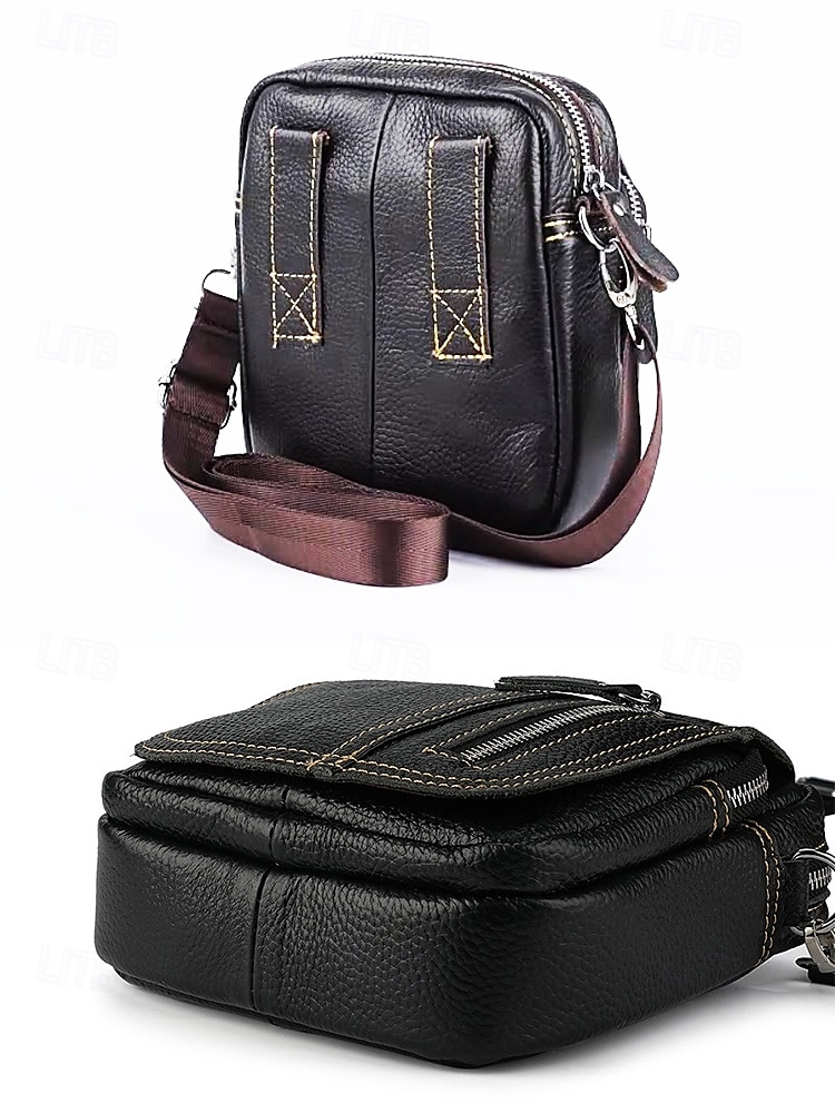 Men's genuine leather messenger bag with zipper pocket, Retro style, Can be inserted into the belt to use as a waist bag, Suitable for outdoor travel, Hiking, Camping or western cowboy wear 2025 - $26.99 –P6