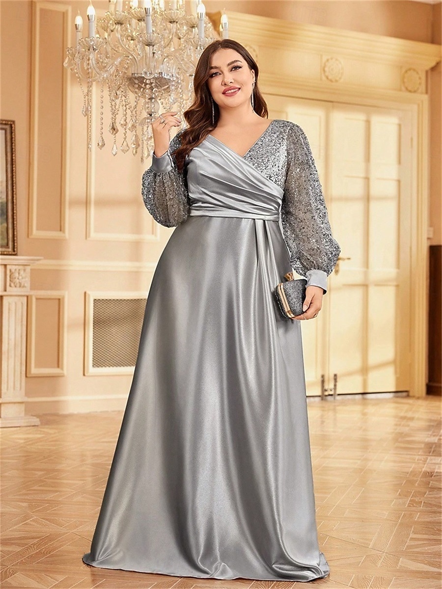 Robe A-Line Grande Taille Élégante Robe Courbe De Mariage Formelle Longue Au Sol Manches Longues Col en V En Polyester Avec Plis 2025 de 2025 ? $119.99 –P33