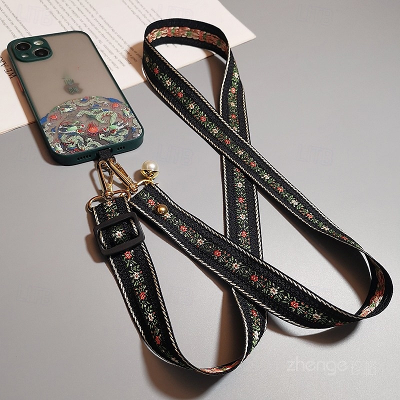 Vintage printed style jacquard embroidery mobile phone lanyard crossbody long style outdoor travel shopping neck hanging sturdy and durable trendy 2025 - $8.99 –P4