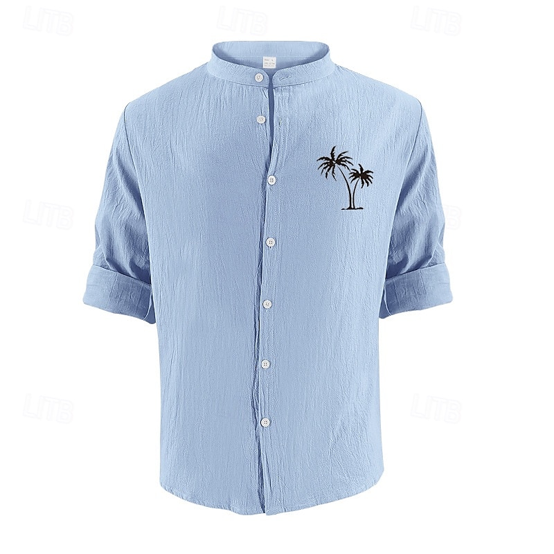 Herren Hemd Leinenhemd Freizeithemd Knopfhemd Baumwollhemd Kokospalme Urlaub Hawaiianisch Schwarz Weiß Khaki Grau Langarm Stehkragen Sommer Frühling Bekleidung Druck 2025 - $26.99 –P3