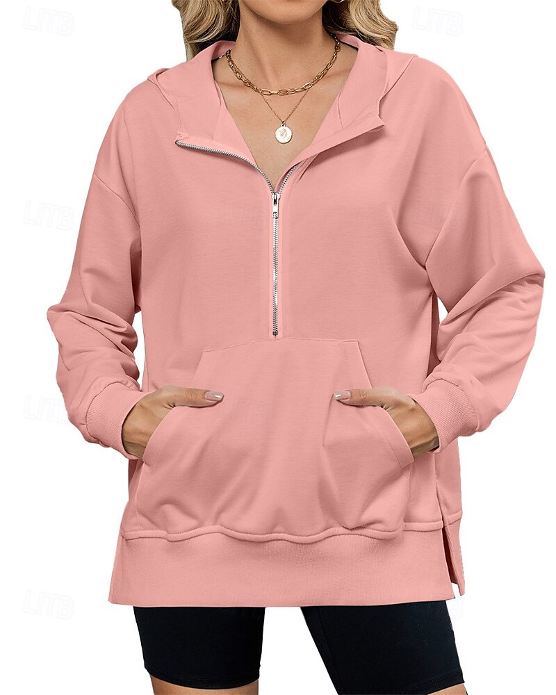 Femmes Sweat à capuche Uni Streetwear Occasionnel Confortable manche longue À capuche Hauts Réguliers Rue Fête Sortir Poche Avant Quart de zip Noir Rose Claire Bleu Kaki Gris Automne de 2025 ? $27.99 –P13