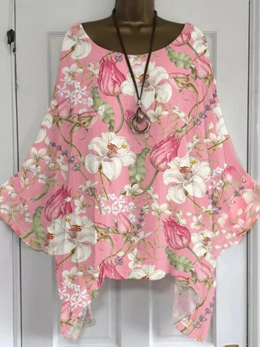 Women's Boho Shirt Floral Graphic Elegant Bohemia Active Short Sleeve Batwing Sleeve Boat Neck Regular Tops Daily Holiday Beach Wear Yellow Pink Blue Khaki Beige Summer Spring 2025 - $22.99 –P3