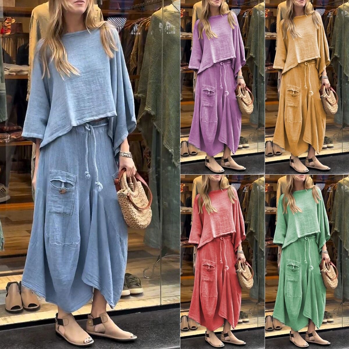 Femmes Élégant Mode Basique Ensembles de Pantalons manche longue Col rond Couleur Unie Extérieur Travail Occasionnel Noir Blanche Jaune Été Coupe régulière de 2025 ? $47.99 –P1