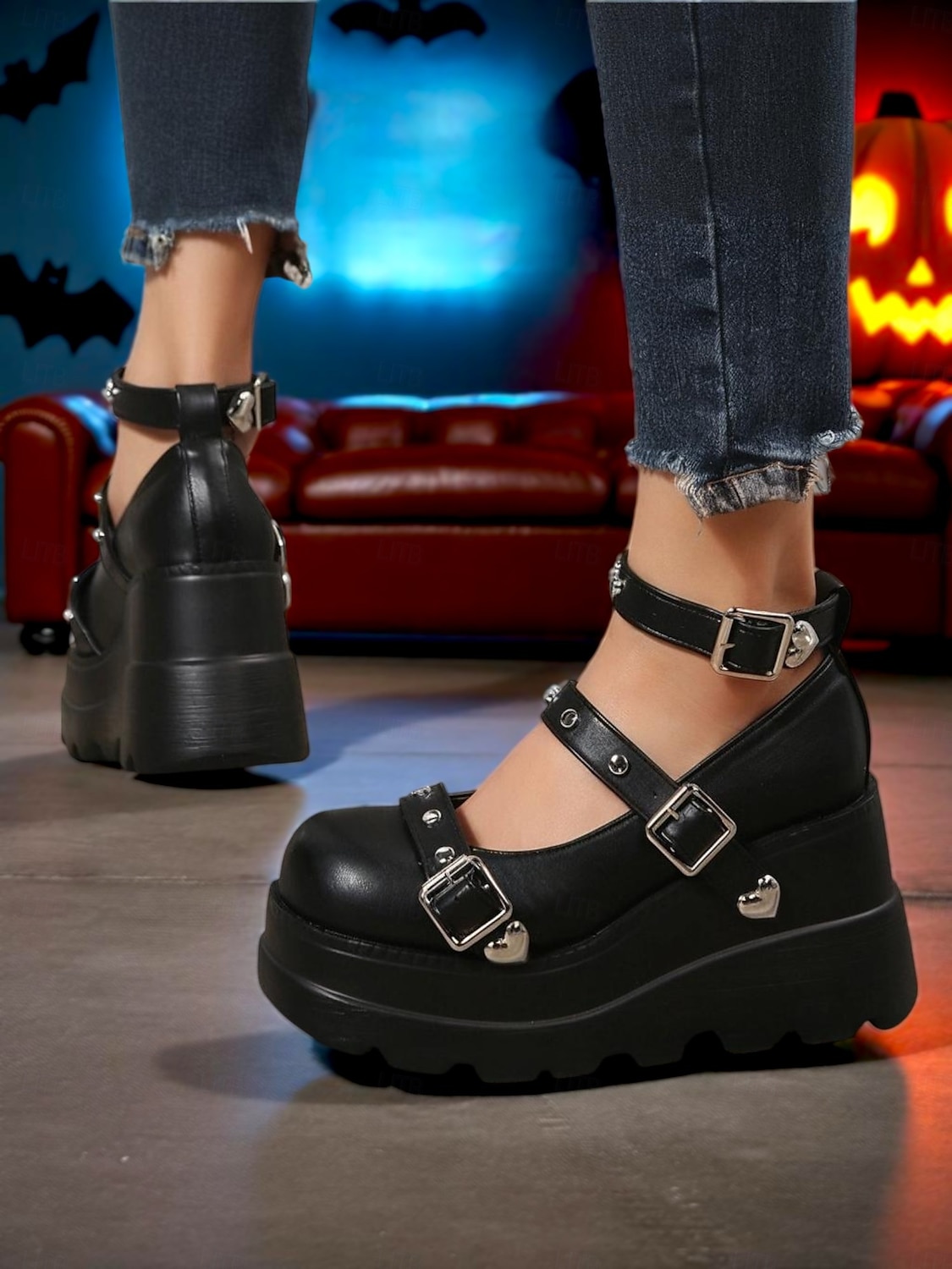 női, 1980-as évekbeli fekete platform Mary Jane cipők csatokkal és szív alakú szegecsekkel – gótikus punk lolita stílus halloweenre, cosplayre és esti kiruccanásokra 2025 - $34.99 –P3