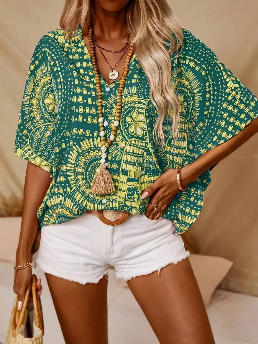 Women's Blouse Print Floral Graphic Bohemia Vintage Casual 3/4 Length Sleeve V Neck Regular Tops Daily Black Red Orange Green Summer Spring Fall 2026 - $19.99 –P12