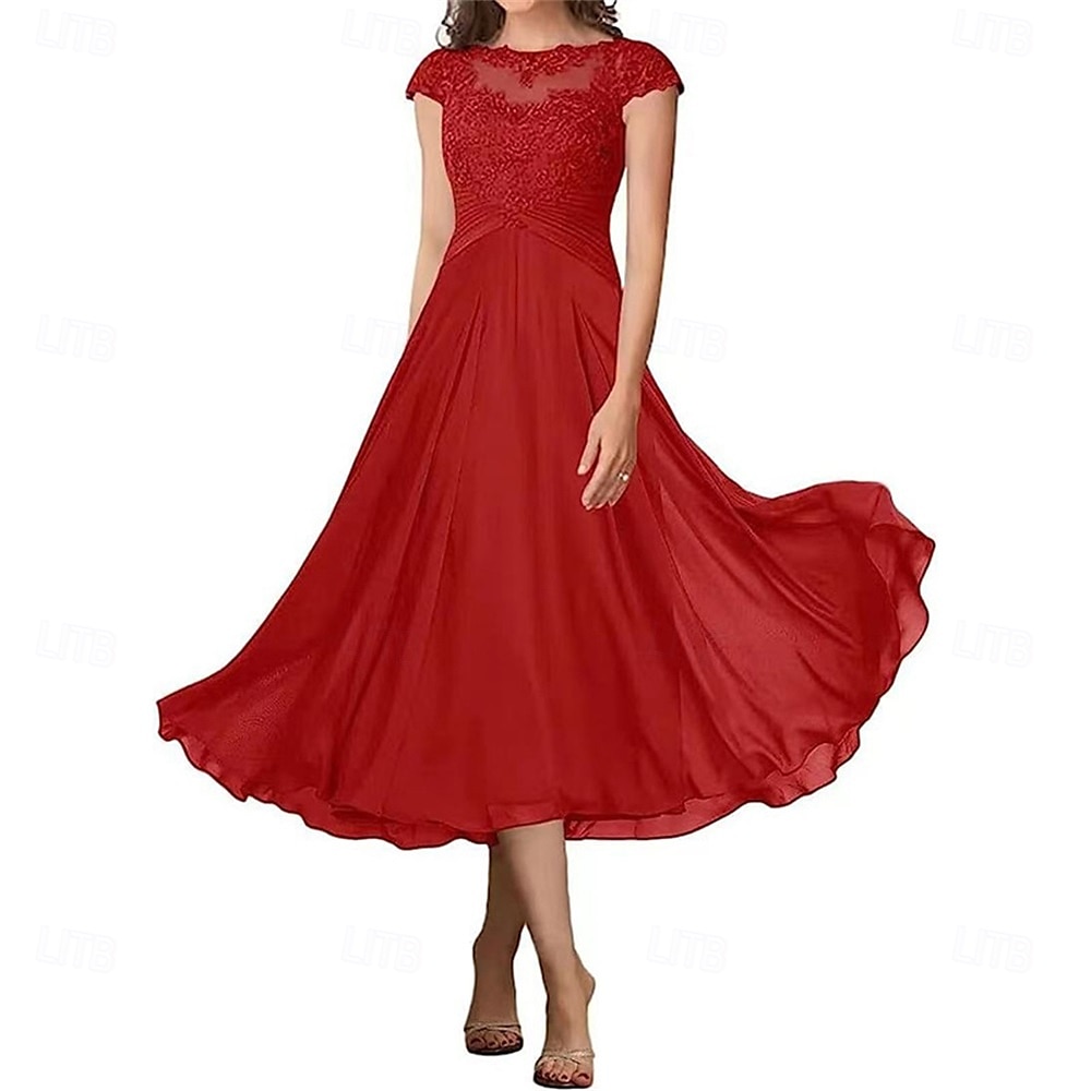 A-Linie Brautmutterkleid Elegant Einfach Rundhalsausschnitt Knöchellänge Chiffon Kurzarm mit Falten Einfarbig 2025 2025 - $119.99 –P15