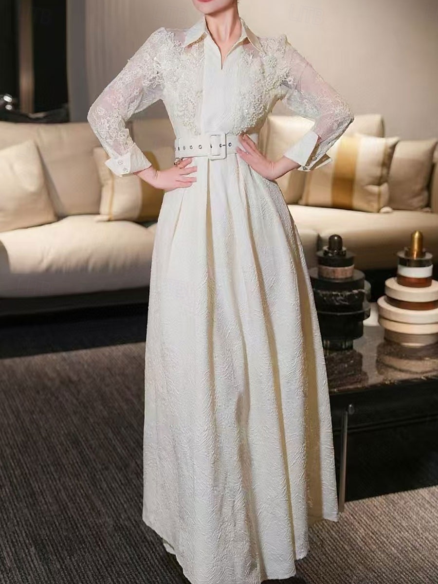 A-Linie Brautmutter Kleid Eleganter Hemdkragen Knöchellang Polyester Langarm mit Spitze Gurt  Band 2025 - $139.99 –P17