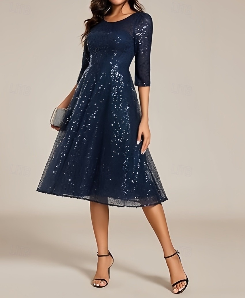 A-Line Wedding Guest Dresses Elegant Dress Wedding Guest Homecoming Knee Length Half Sleeve Crew Neck Sequined with Pleats Sequin 2025 - $140.99 –P1