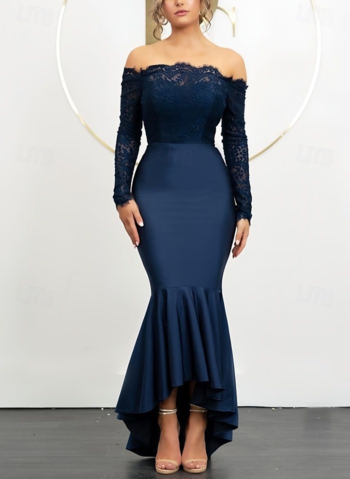 Havfrue  Trompet Bryllups Gjest Kjoler Elegant Kjole Bryllups Gjest Forlovelse Asymmetrisk Lange Ermer Off Shoulder Lace med Rysjer 2025 - $172.99 –P1
