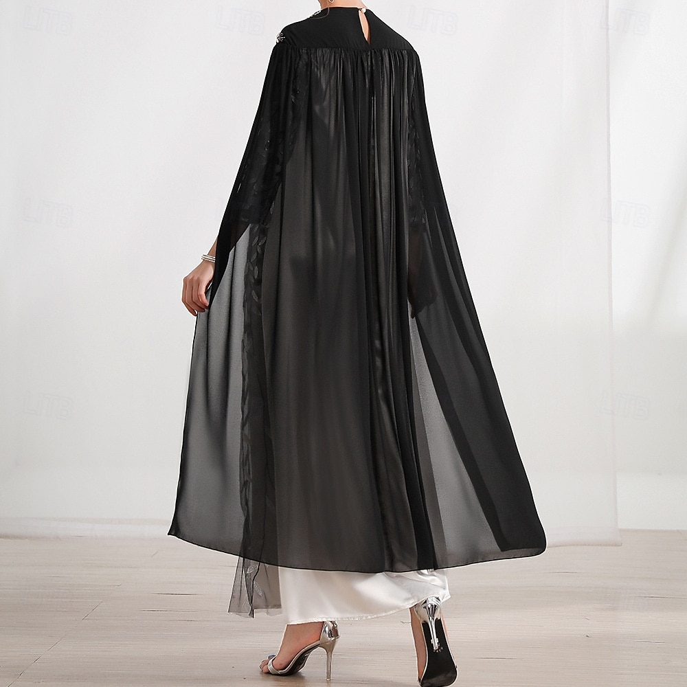 Abito con mantello A-Line madre della sposa elegante scollo rotondo cristalli lunghezza sul pavimento maniche lunghe con ricami in pizzo del 2025 a $109.99 –P10